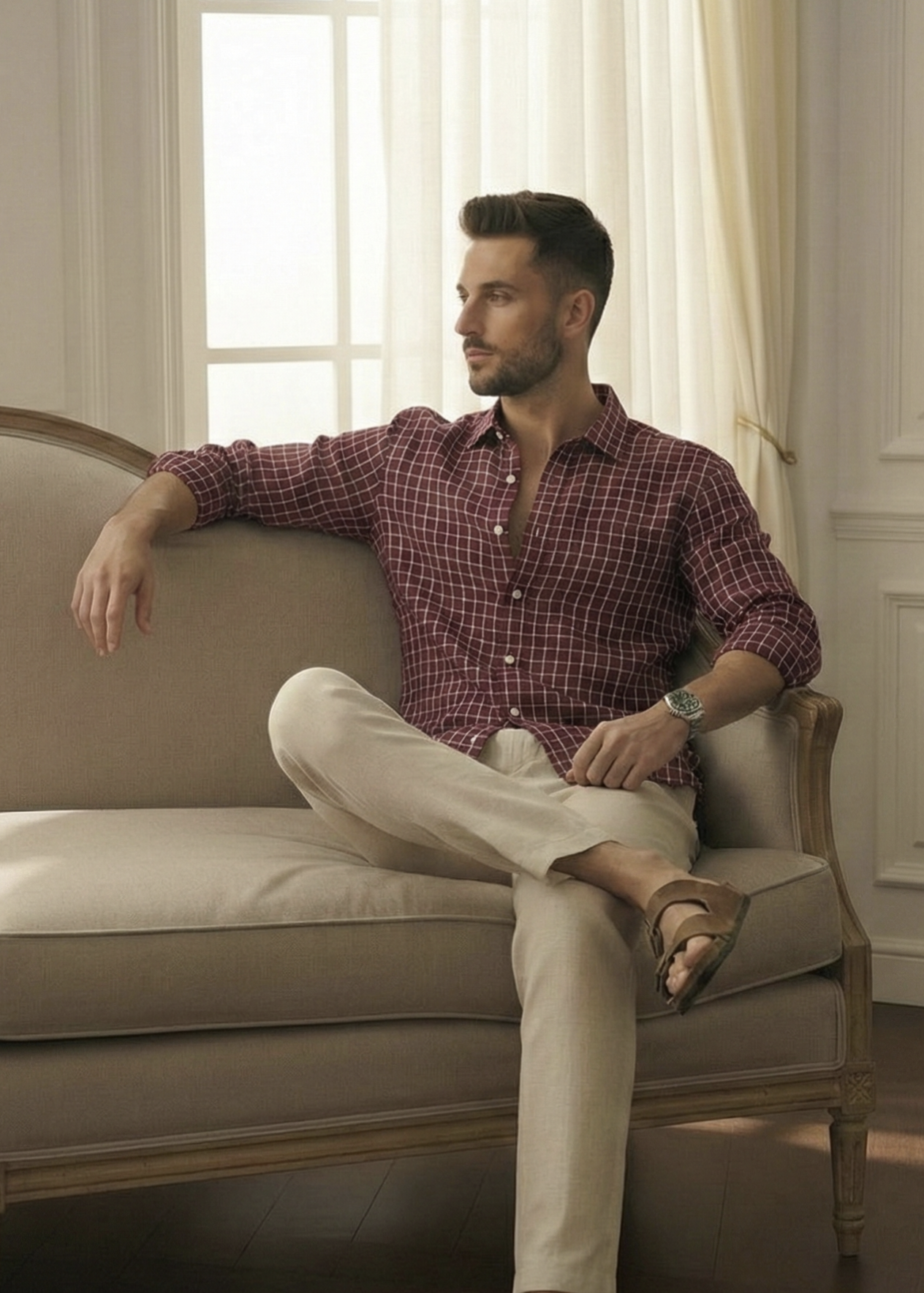 Deep Maroon Windowpane Check linen Shirt