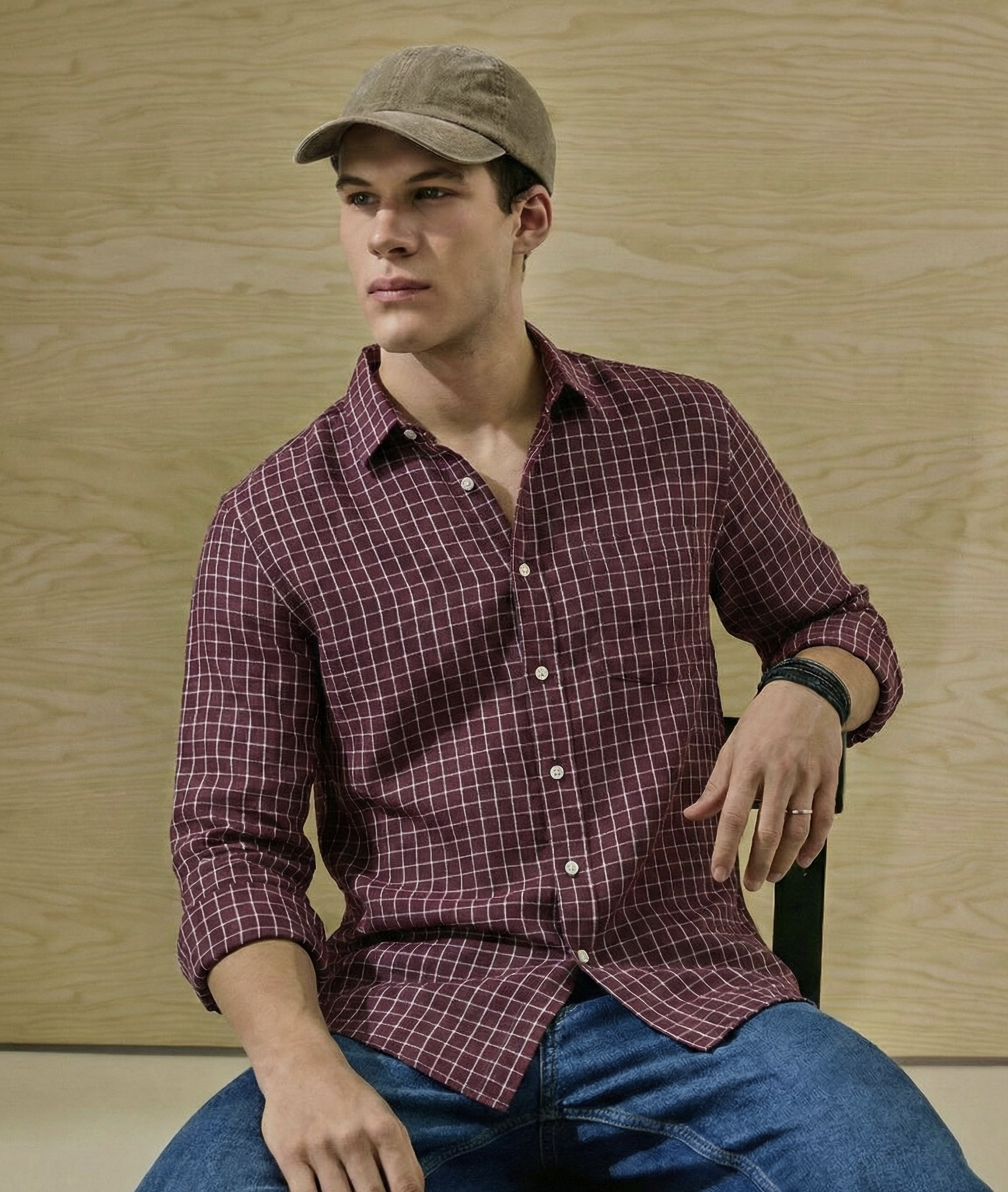 Deep Maroon Windowpane Check linen Shirt