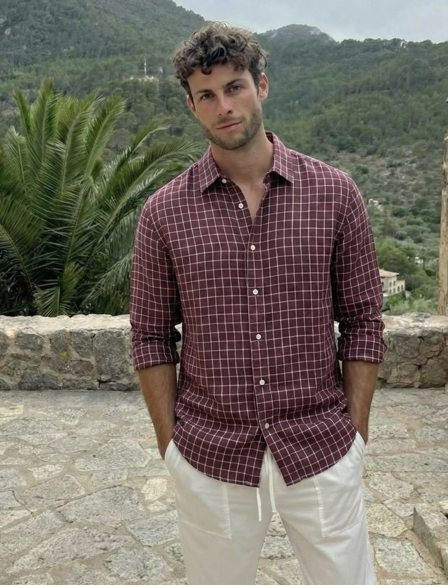 Deep Maroon Windowpane Check linen Shirt