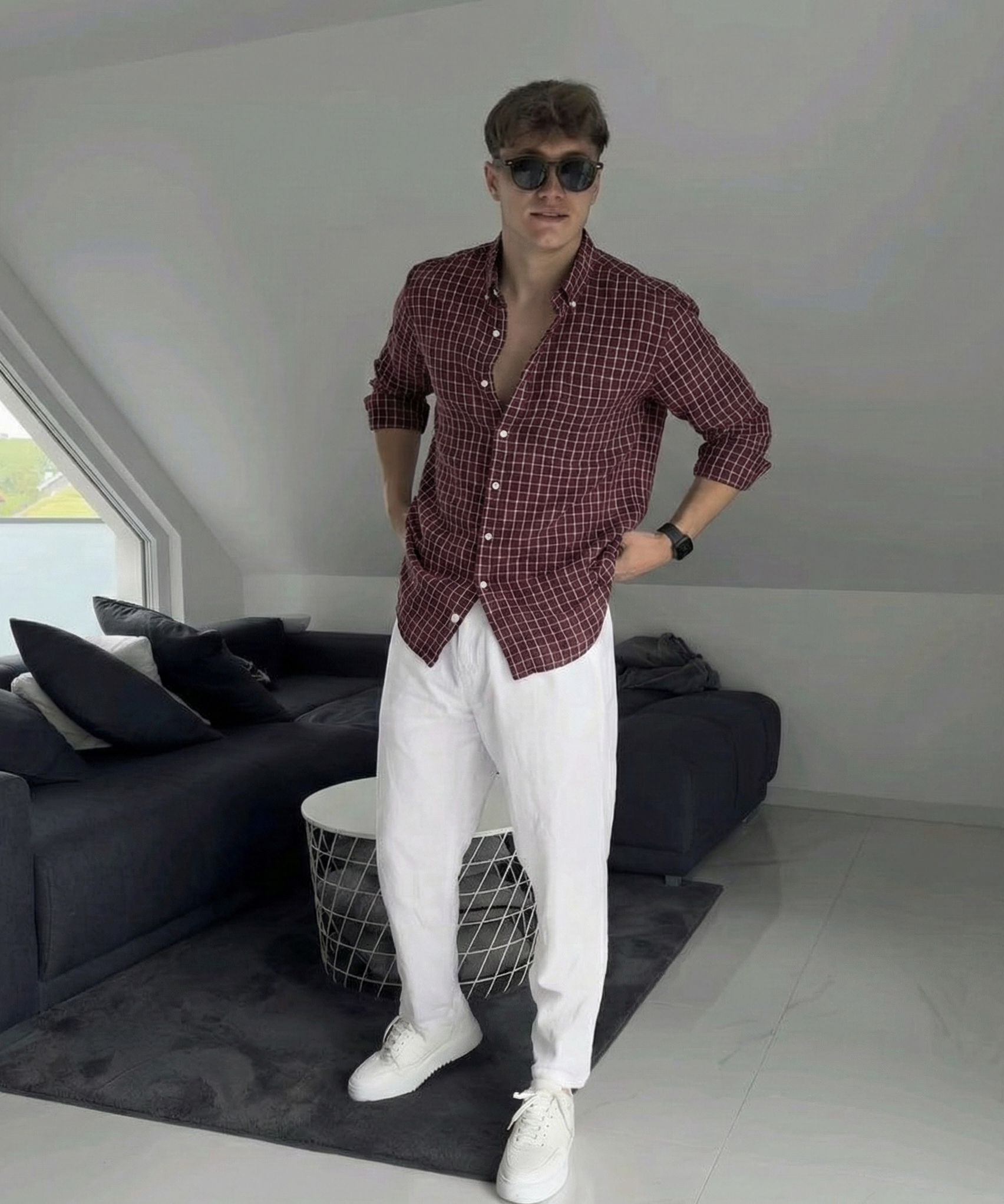 Deep Maroon Windowpane Check linen Shirt