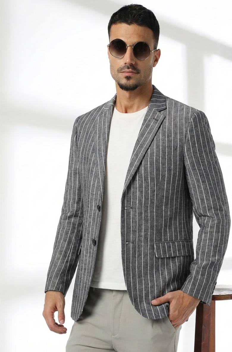 Charcoal Pinstripe Tailored Linen Blazer